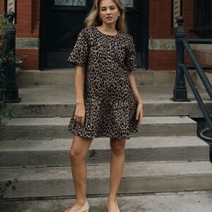 Love Riche Boutique Corduroy Short Sleeve Leopard Mini A line Dress Black Brown